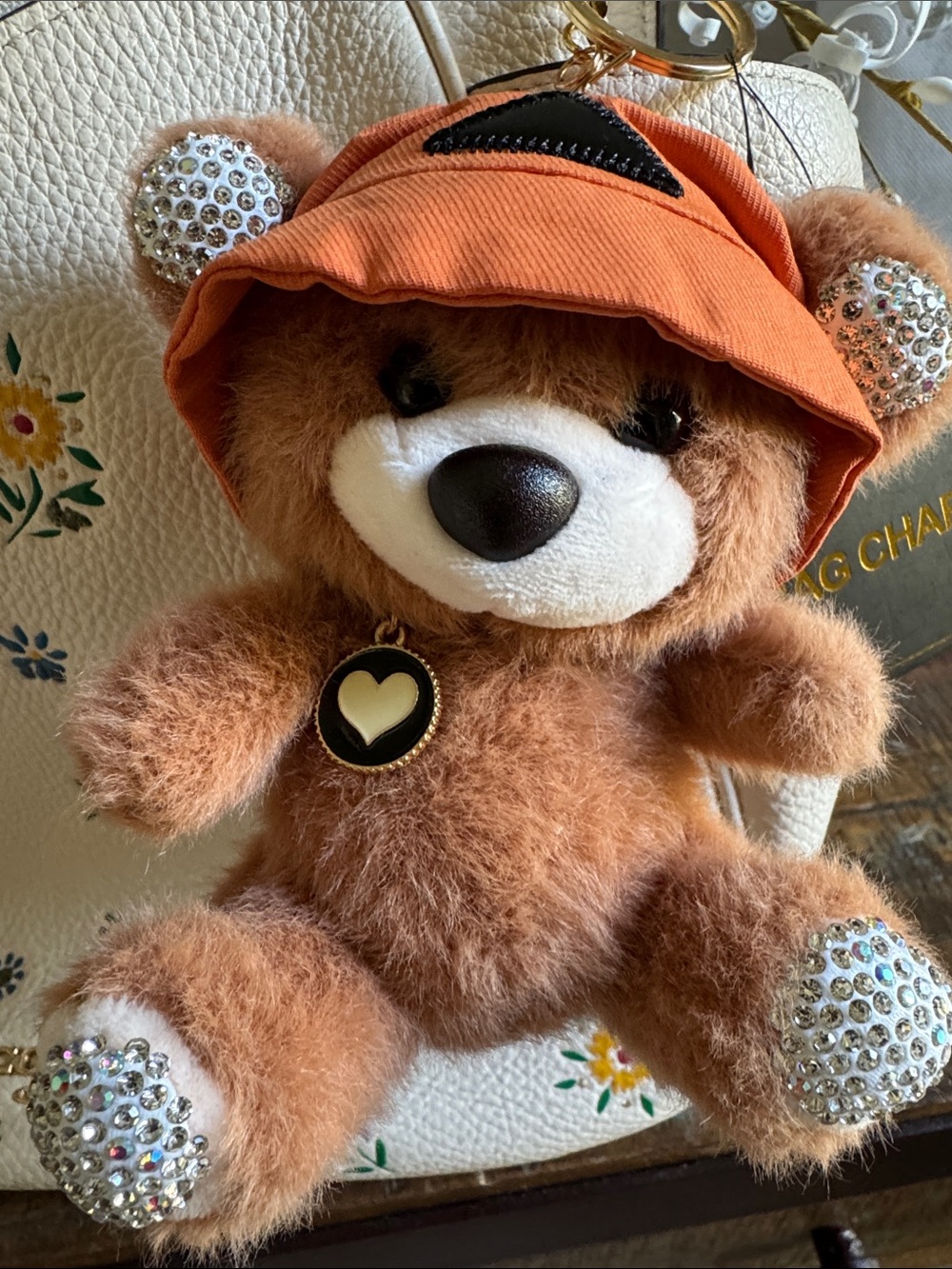 Plush Brown Teddy Bear Keychain Bag Charm with Orange Hoodie and Crystal Paws